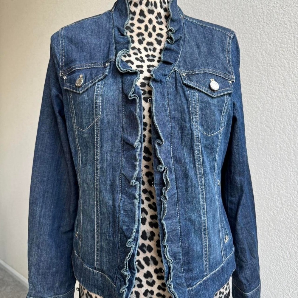 White House Black Market denim jacket with ruffles